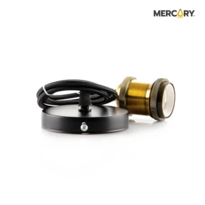 Portalampara colgante vintage E27 con socket de acero acabado bronce cepillado, cable textil negro y base circular para techo a juego sobre fondo blanco.